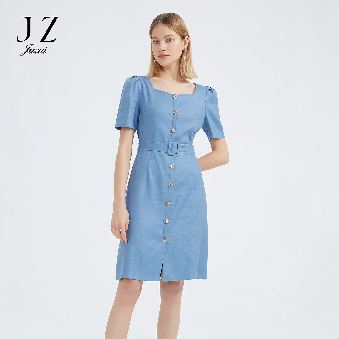 【丽公主专属】JZ玖姿JTCX50049女装夏季天蓝色方领收腰显瘦透气亚