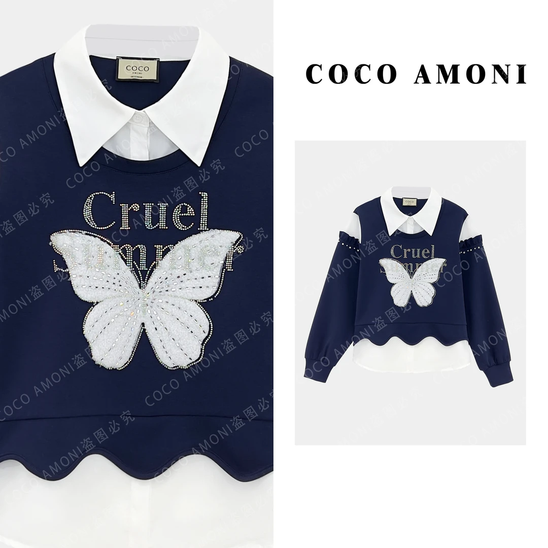 [曼姐]秋冬季女装拼接重工烫钻蝴蝶结百搭减龄长袖卫衣AD177