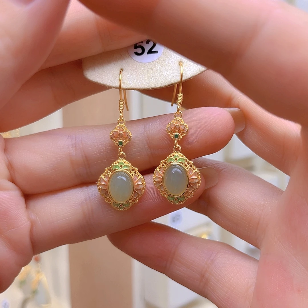 和田玉银S925镀金镶嵌耳饰