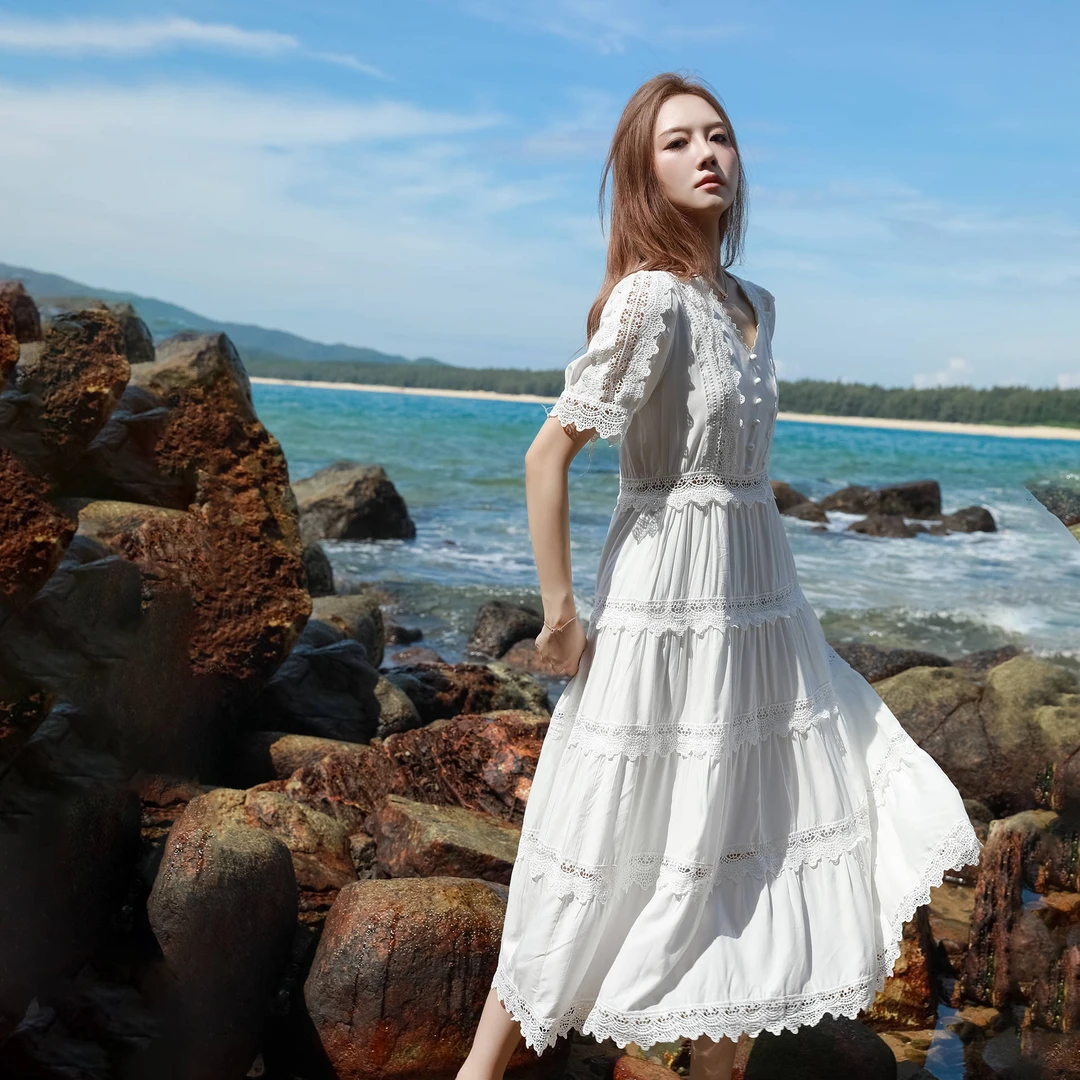 春夏新款2025短袖白色连衣裙仙气海边度假长裙收腰显瘦拍照裙