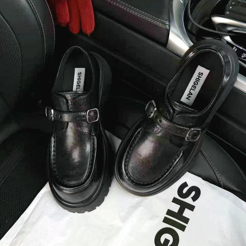 诗歌兰女2026早春新款英伦风乐福鞋厚底圆头老钱风小皮鞋3322-6