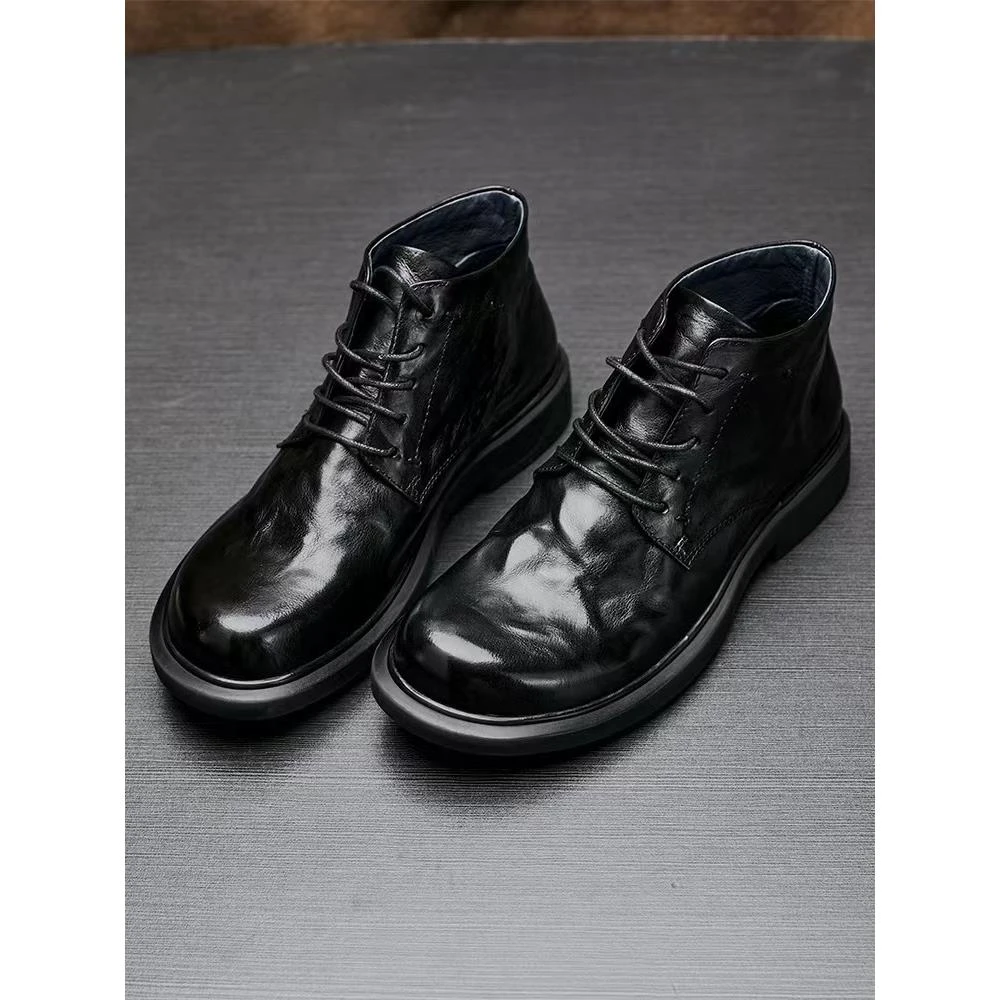 男士真皮马丁靴休闲时尚短靴圆头中帮黑色平底潮流靴子男