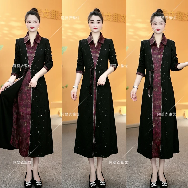 【衣雅严选】8121-1596#新款锦棉罗马拼接重磅桑丝缎假两件连衣裙