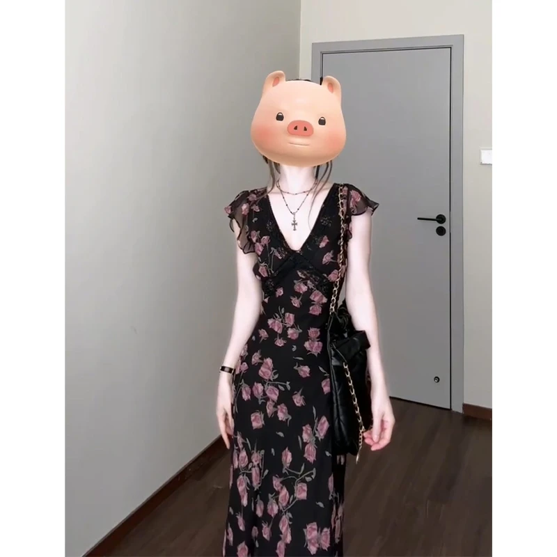 V领连衣裙女2025夏季新款法式气质荷叶边收腰显瘦中长款碎花裙子