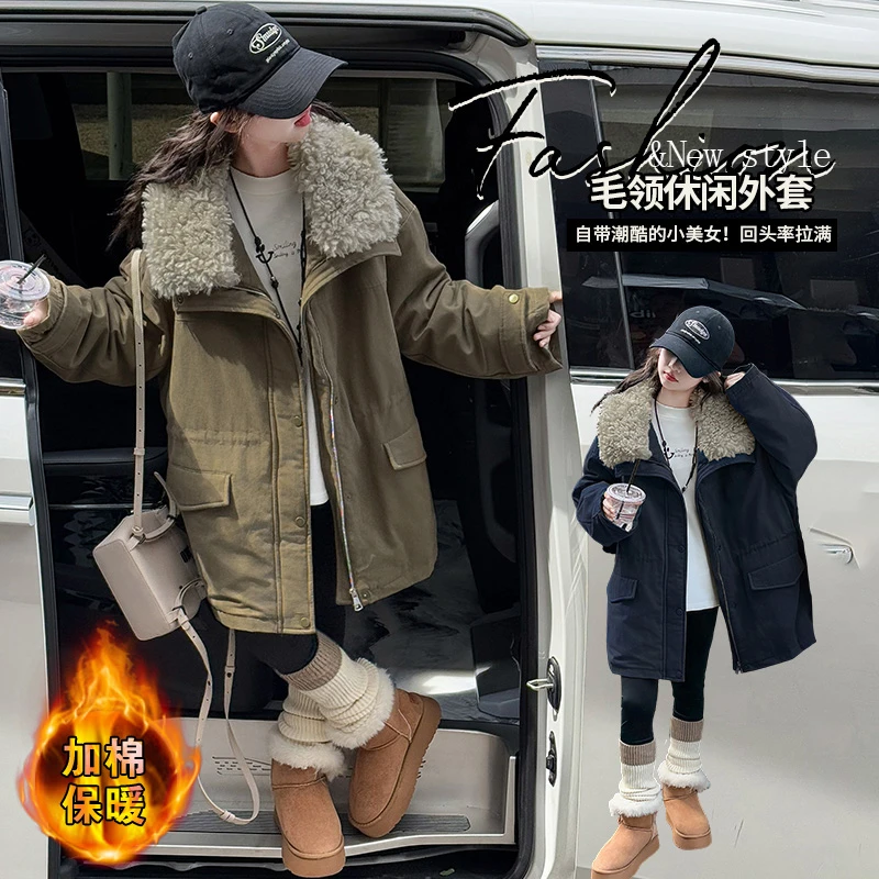 女童外套秋冬款2025新款洋气儿童夹棉风衣冬季棉服大童加厚派克服