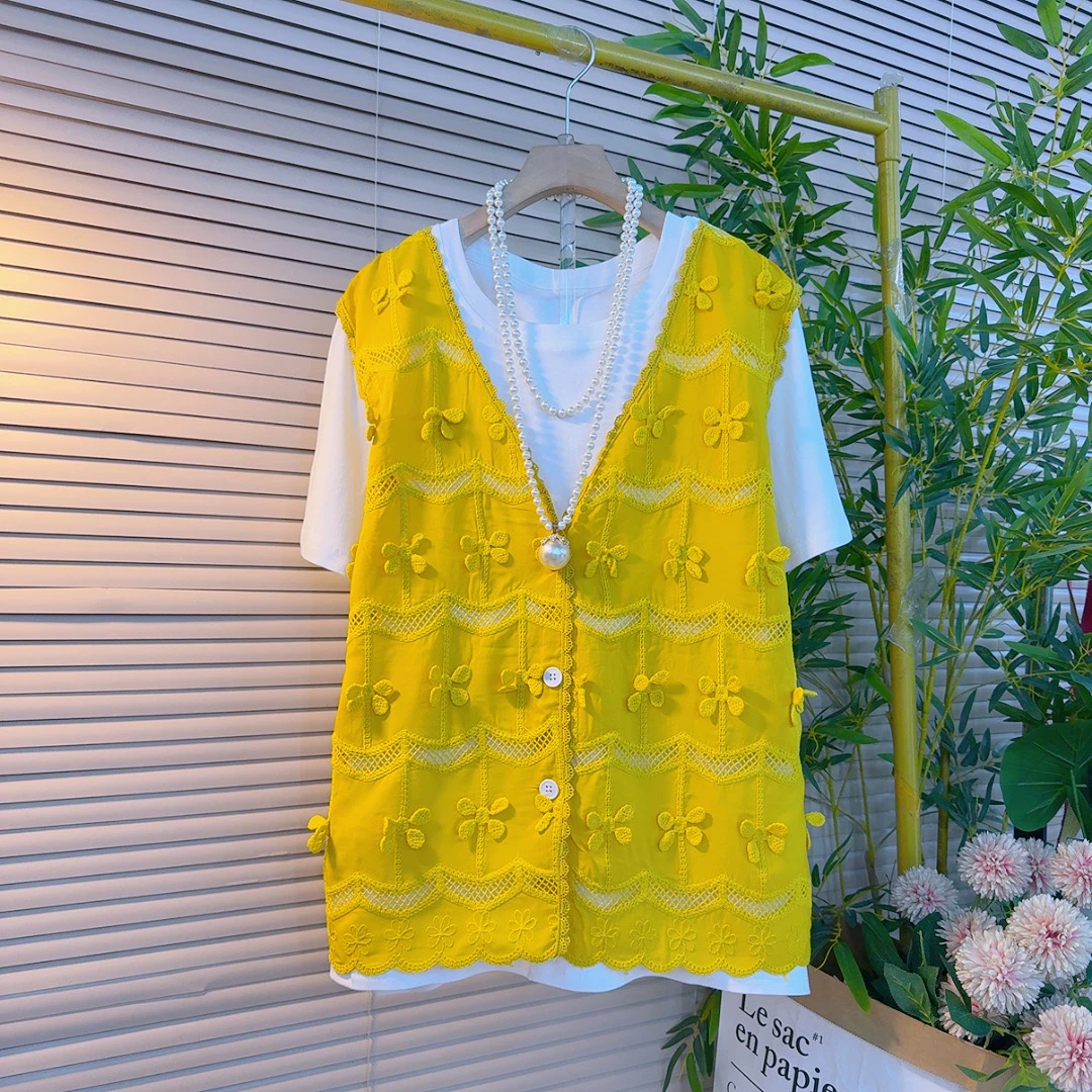 2560-1胖mm欧货韩系时尚重工立体花瓣拼接假两件设计感减龄短袖衫