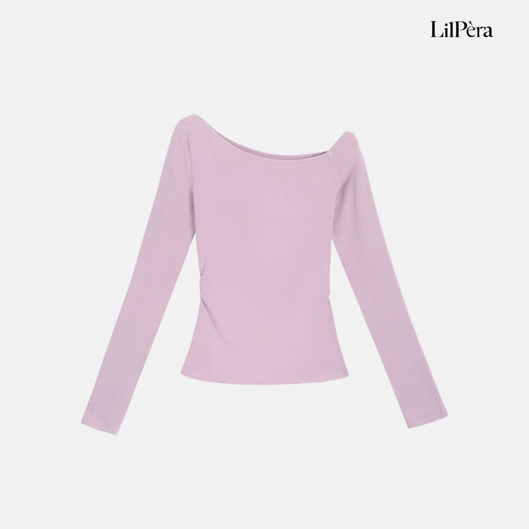 胖梨定制 “白到发光”气质百搭纯色高质感修身斜肩长袖T恤上衣B25