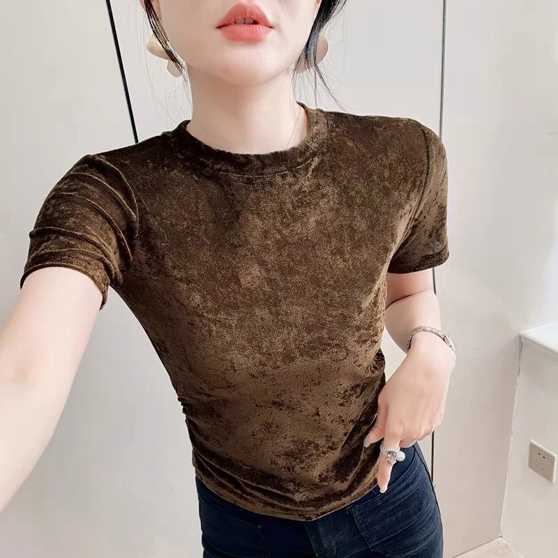 冰花绒网纱短袖t恤女夏季新款欧货高腰短款上衣修身显瘦洋气小衫