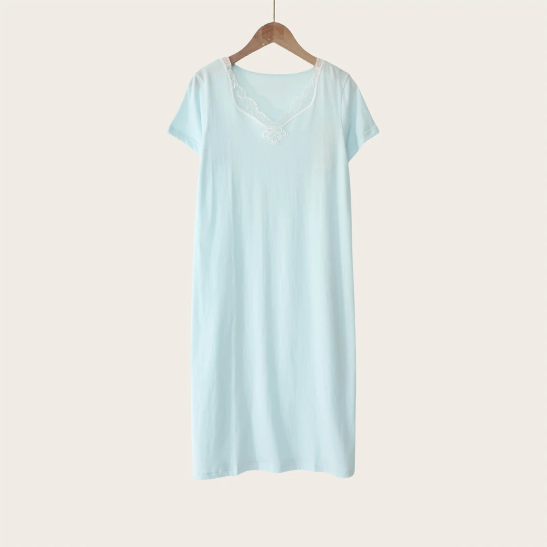 夏季女士100%棉V领纯色睡裙休闲舒适家居裙BB0372亲肤柔软