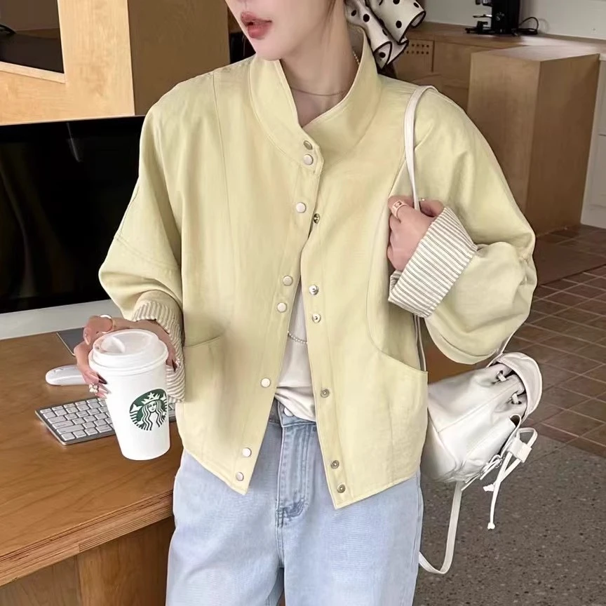 休闲立领工装外套女欧洲站2025年春季新款韩版单排扣时尚显瘦夹克