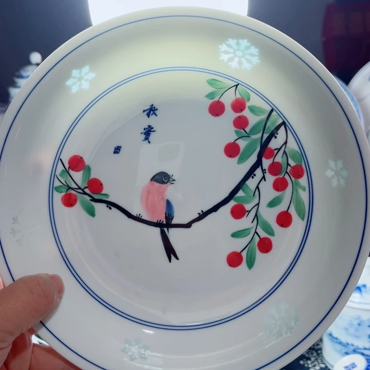 青花玲珑8寸窝盘手绘花鸟