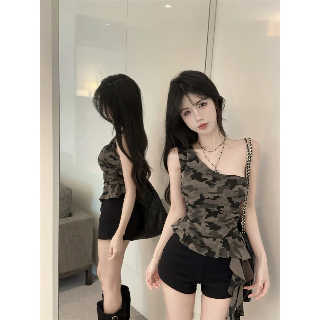 辣妹不规则飘带单肩吊带背心女夏季美式迷彩印花无袖抹胸收腰上衣