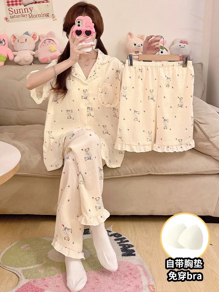 三件套睡衣女可爱小熊夏季短袖带胸垫2025新款可爱卡通少女家居服