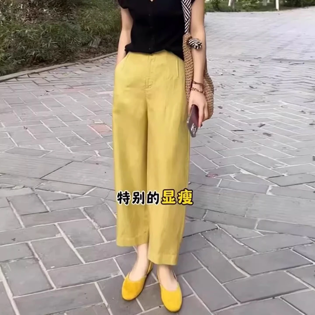 莱赛尔天丝棉亚麻阔腿裤女2025新款夏季薄款窄版高腰宽松九分裤子