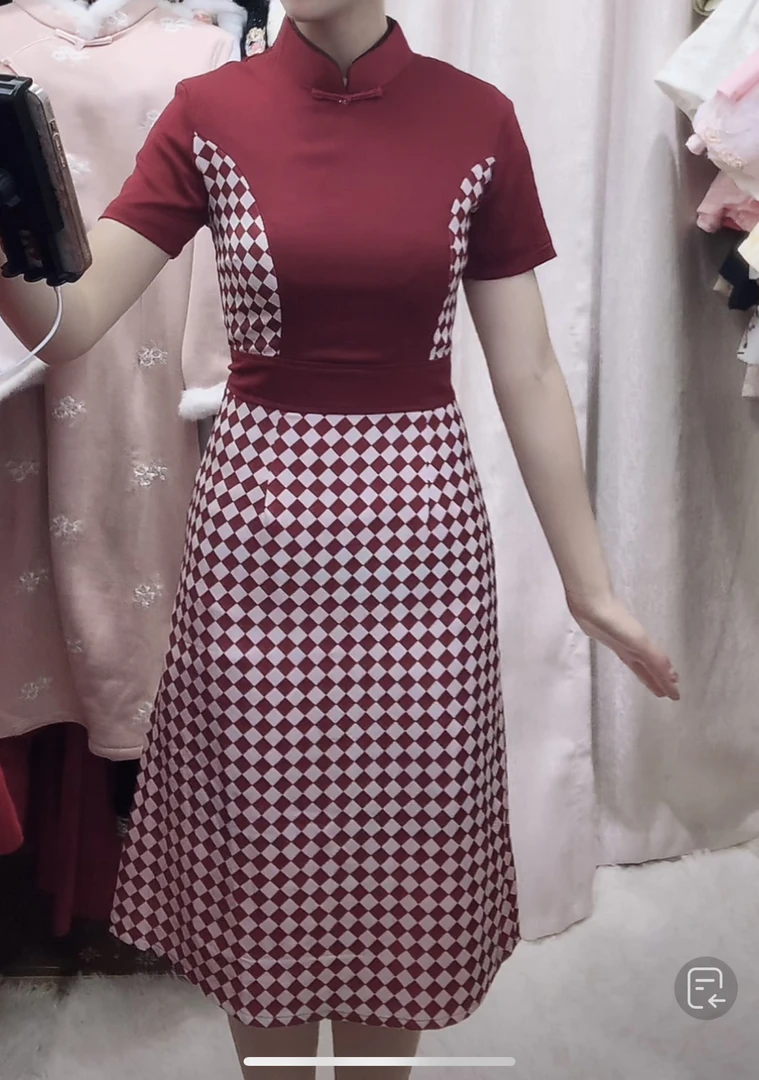 【1973 红色 显瘦 菱形格】显瘦气质修身优雅复古中国风旗袍