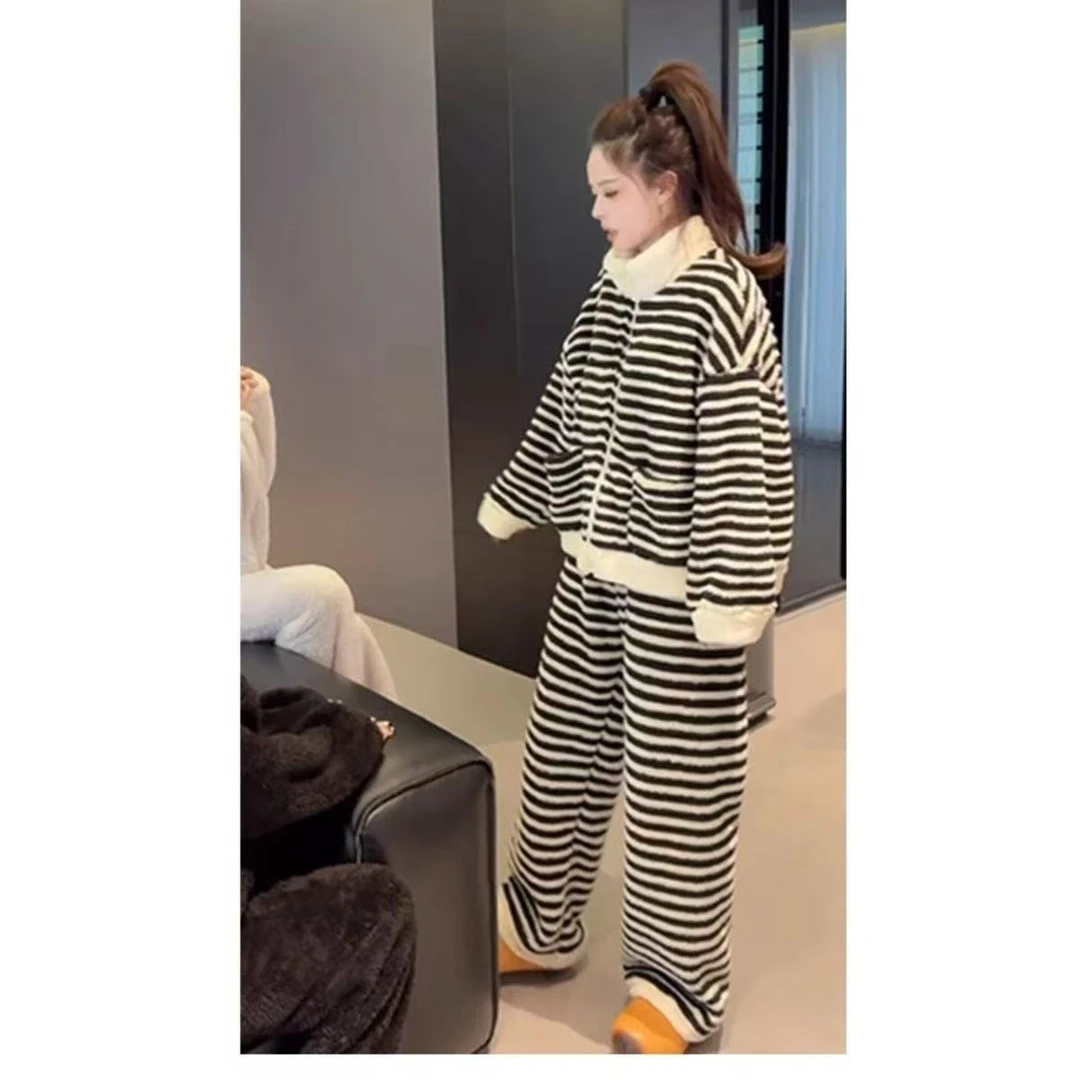 条纹宽松洋气厚款睡衣韩版保暖冬季家居服套装套装显瘦