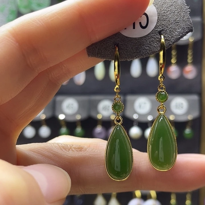 和田玉银S925镀金镶嵌耳饰