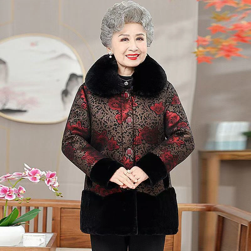 8518-棉服冬装奶奶棉衣女加绒加厚保暖外套【无毛领】【老仓库二楼】