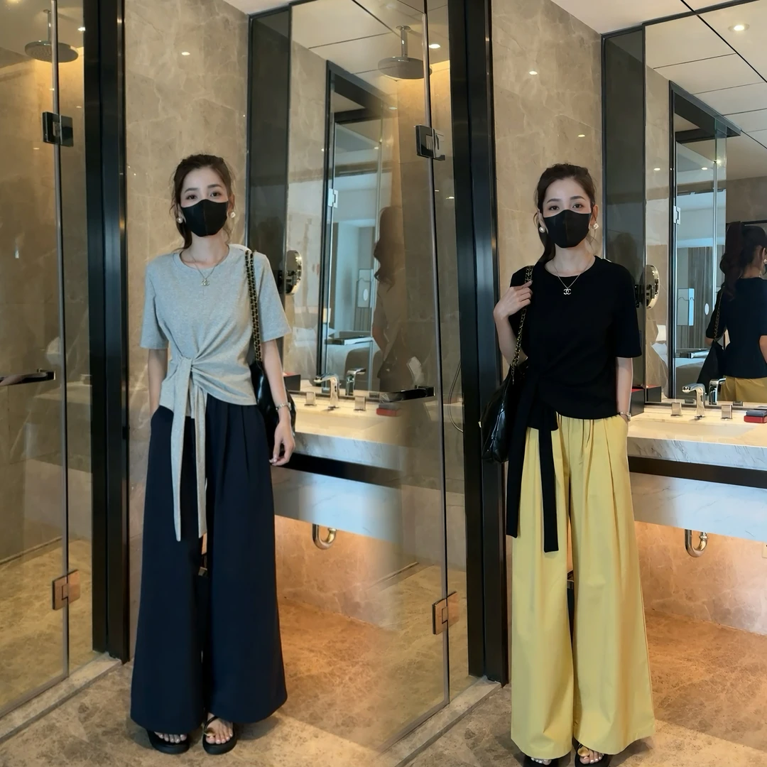 夏季韩系气质休闲不规则绑带短袖T恤女高腰显瘦阔腿裤减龄两件套