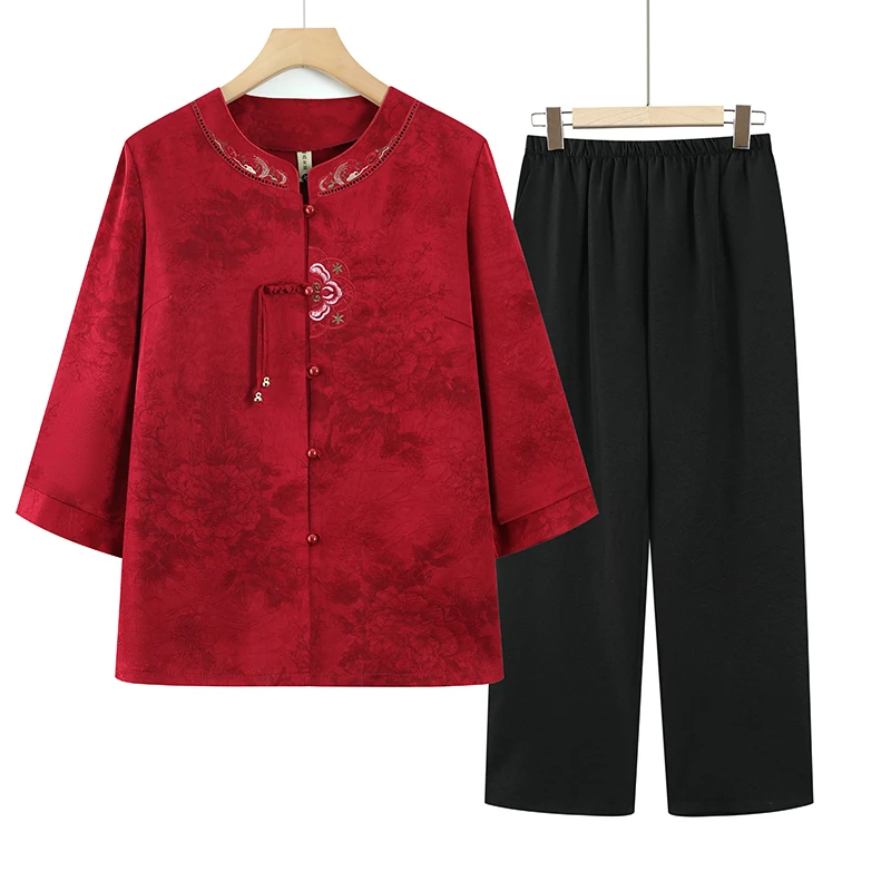 奶奶夏装七分袖衬衫新中式中老年人女唐装妈妈装老人老太太套装女