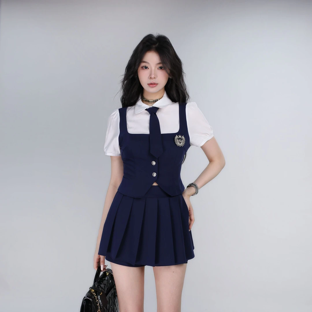 现货【千金英伦】夏季假两件设计拼接学院风气质短袖显瘦女套装