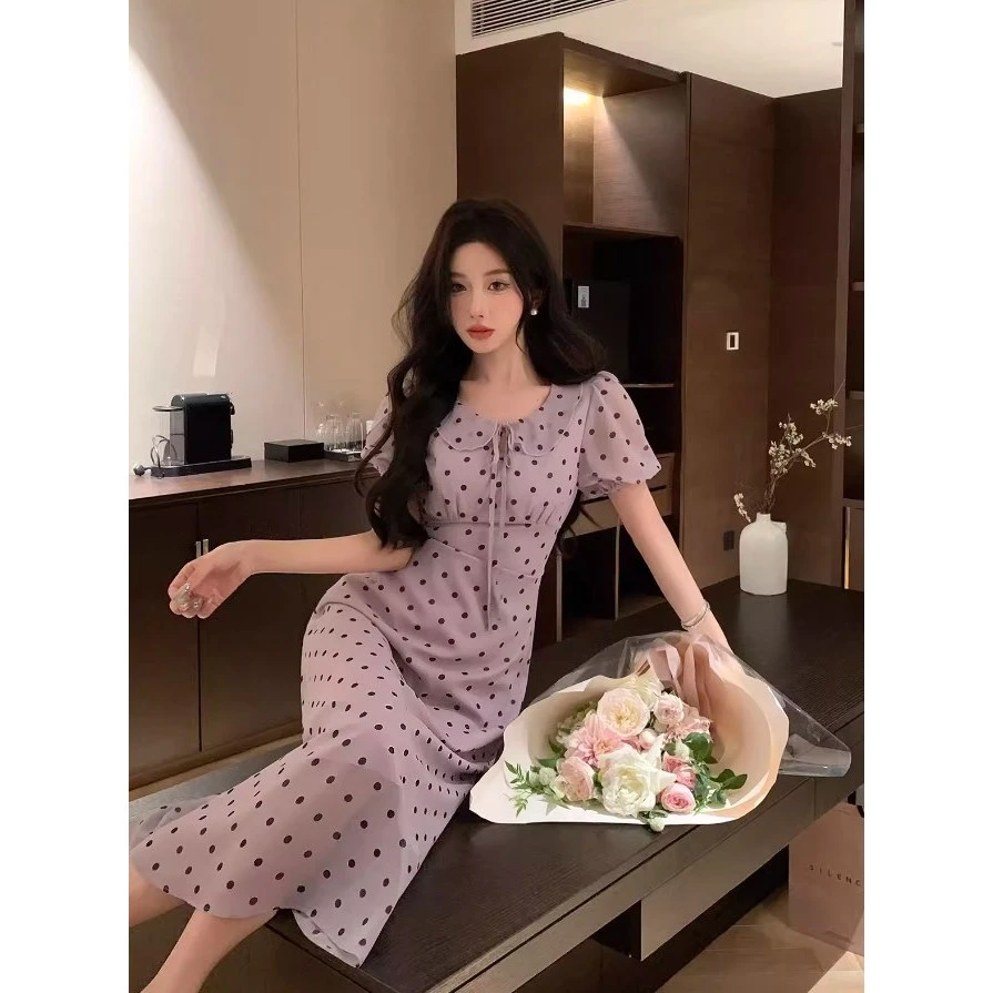 清邱肉瑶「梦湖之境」夏季圆领波点印花短袖连衣裙气质法式长裙