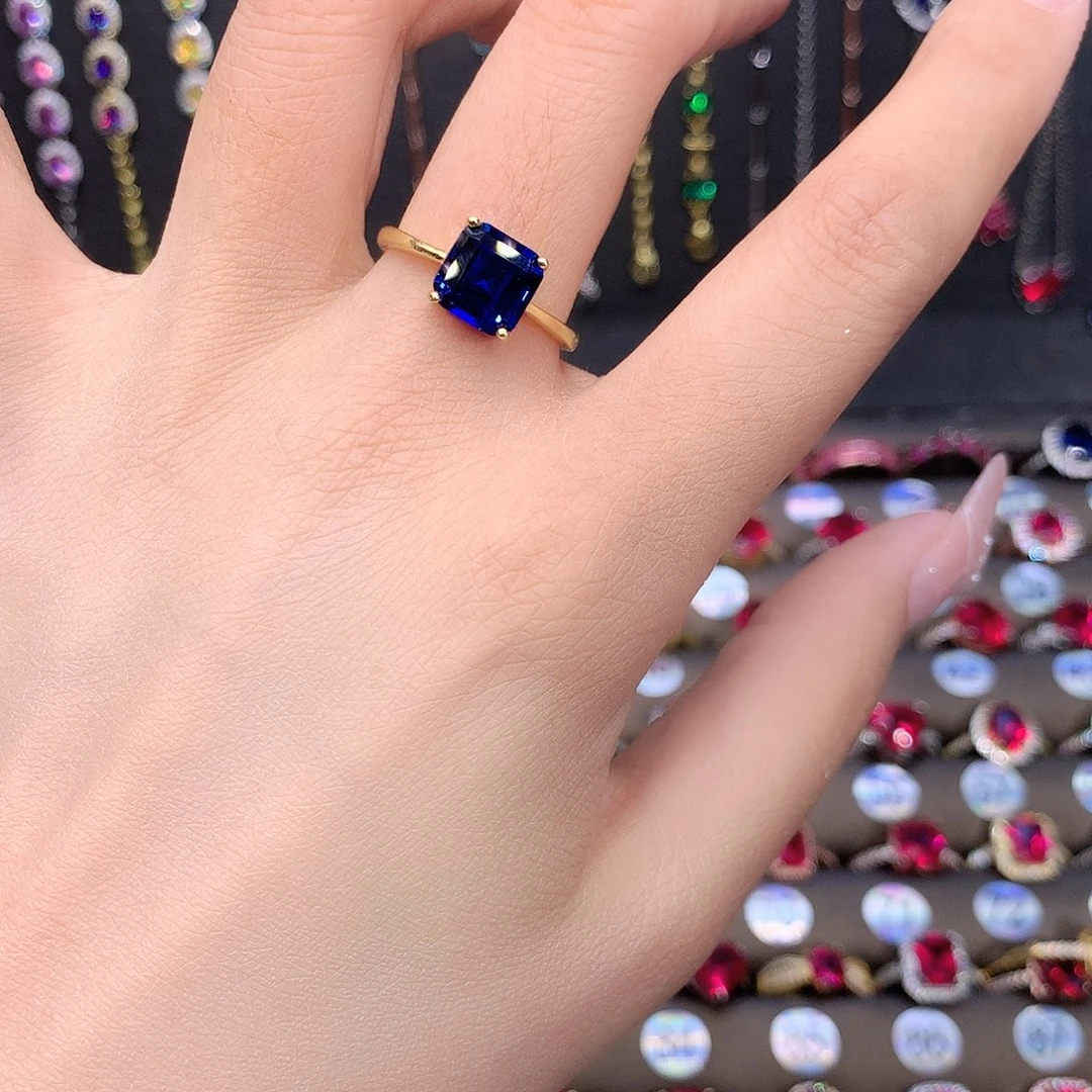 蓝宝石戒指银S925镶嵌金8