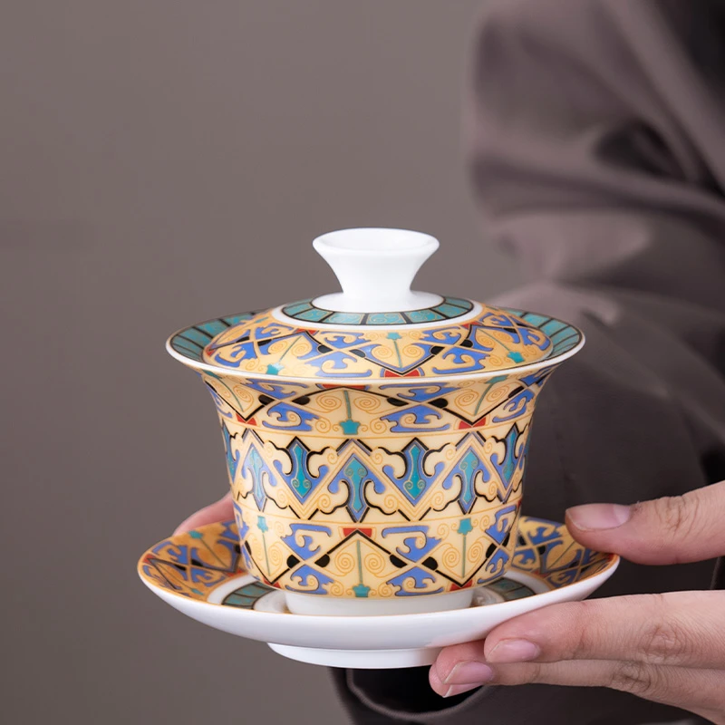 唐卡悬停盖碗三才家用陶瓷单个泡茶碗敬茶碗茶杯高档礼品功夫茶具