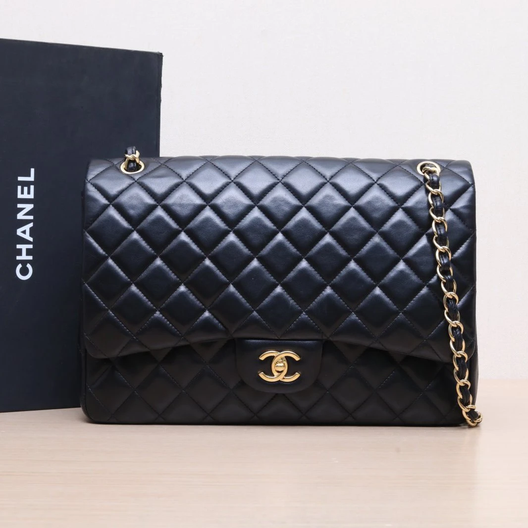 95新 Chanel/香奈儿 活动黑黑CF包 单盖MAXI 皮革C 13开 金扣
