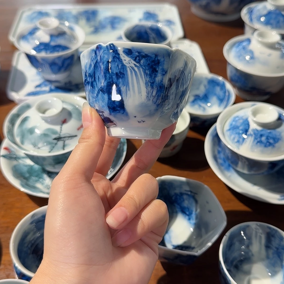 山***月青花手绘山水主人杯