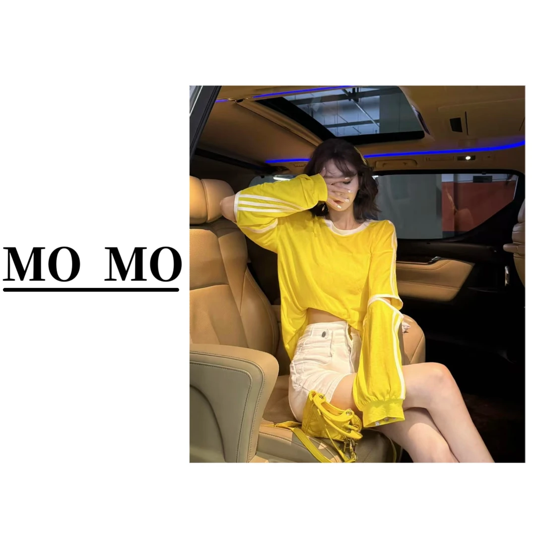 MOMO【破洞拼接薄款T恤】2025新款圆领百搭长袖休闲宽松防晒T恤女