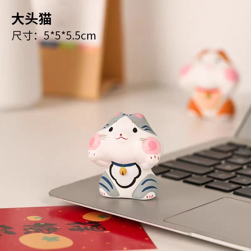 M866 创意招财猫卡通桌面摆件办公室工位治愈 大头猫(灰色)