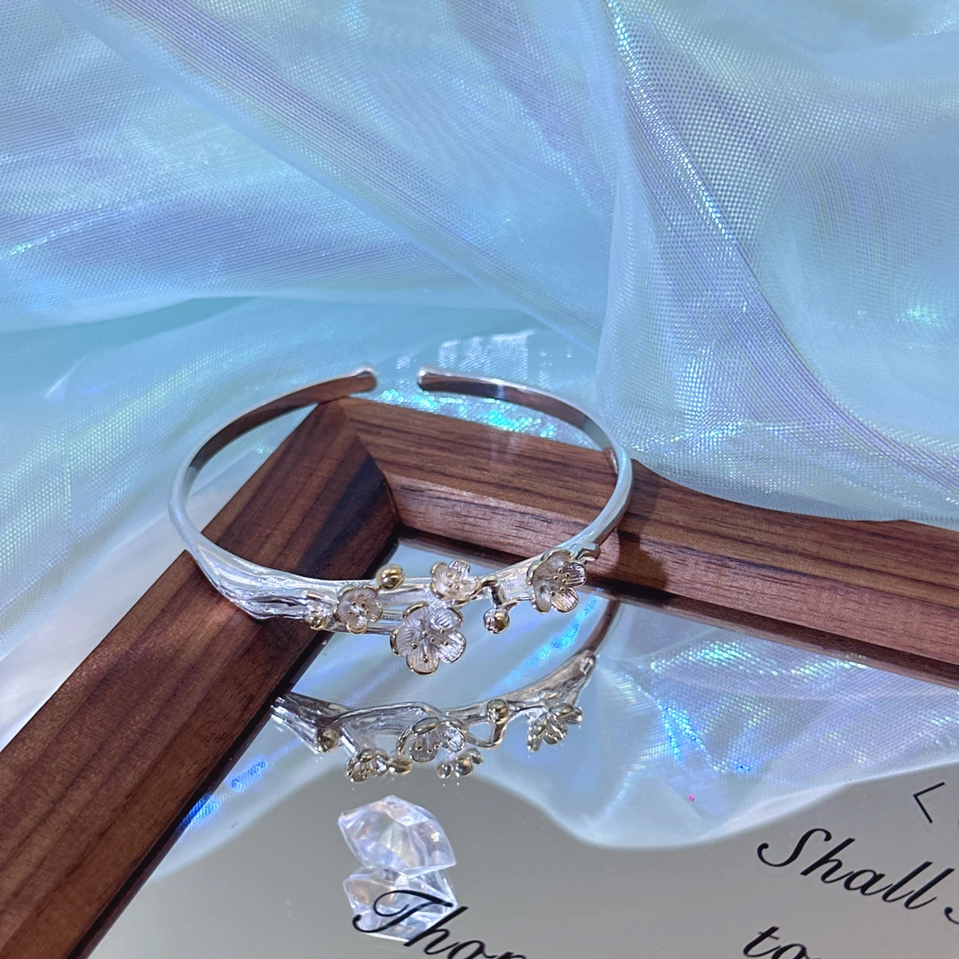 足银手镯 梅花枝开口手镯可调节简约新中式轻奢小众银9999高级感