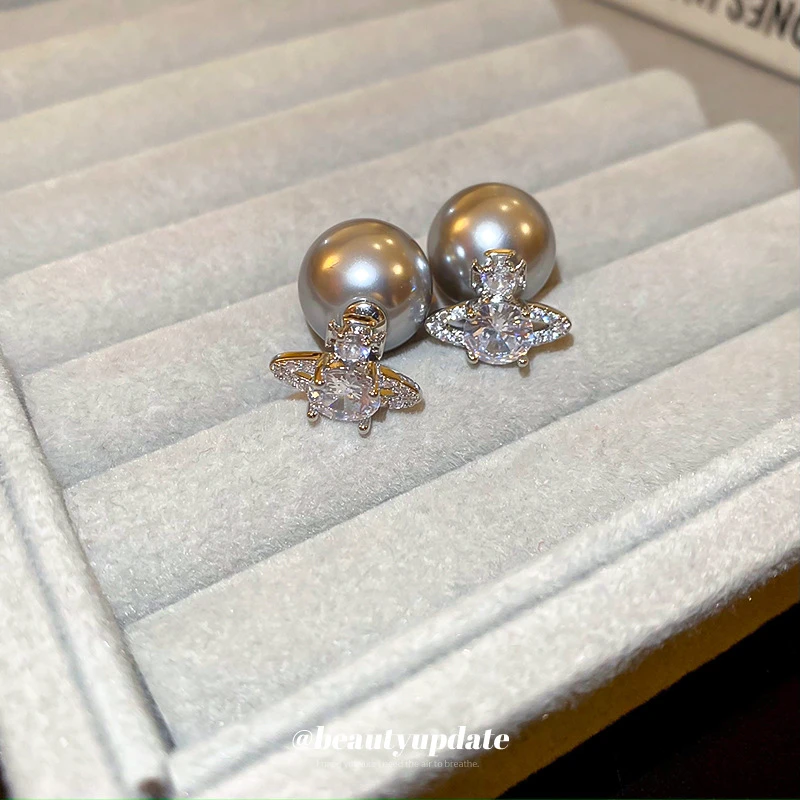 钛钢仿珍珠耳饰 银针锆石土星圆形珍珠双面带耳环简约轻奢耳饰