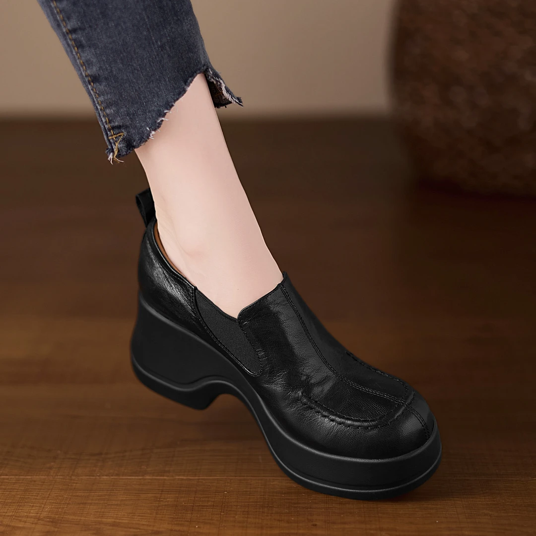 7.5cm小个子久穿不累脚厚底乐福鞋手抓羊皮坡跟小皮鞋圆头高跟鞋