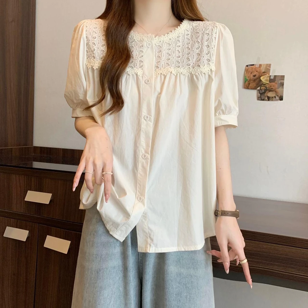 蕾丝镂空拼接短袖衬衫显瘦遮肉6666