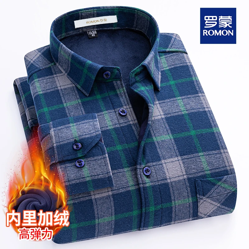 罗蒙高档纯棉男士加绒格子保暖衬衫中年爸爸休闲衬衣秋冬新款男装