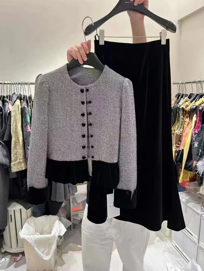 8867大码韩版名媛小香风短款外套夹棉A字半身裙套装女秋冬