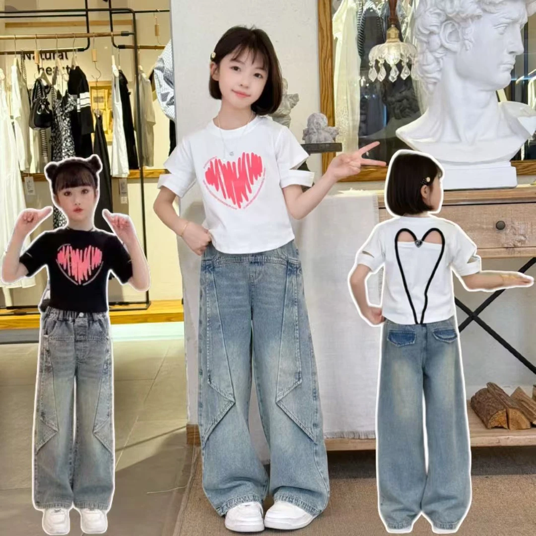 女童夏款套装2025新款洋气女中大童夏季时髦儿童牛仔阔腿裤两件套