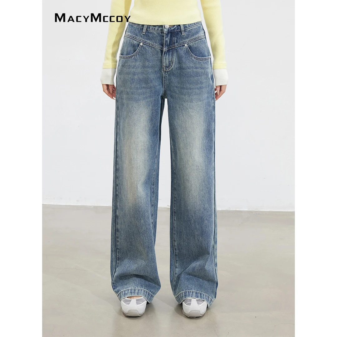 MacyMccoy水洗做旧牛仔阔腿裤女秋季新品复古设计感显瘦百搭长裤