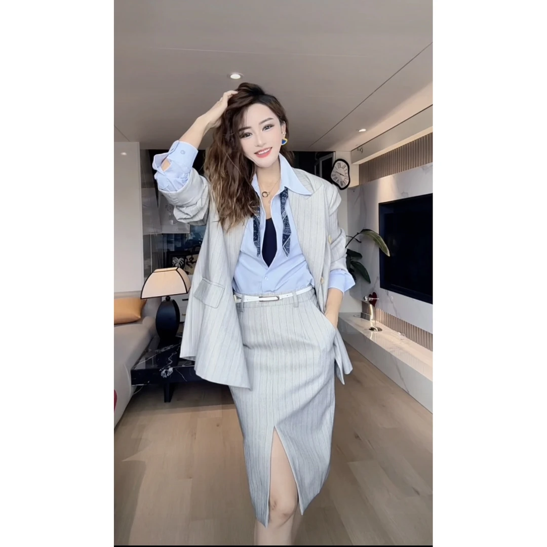 「都市情调」2025春季单排扣开衫条纹西装外套HBZC641249