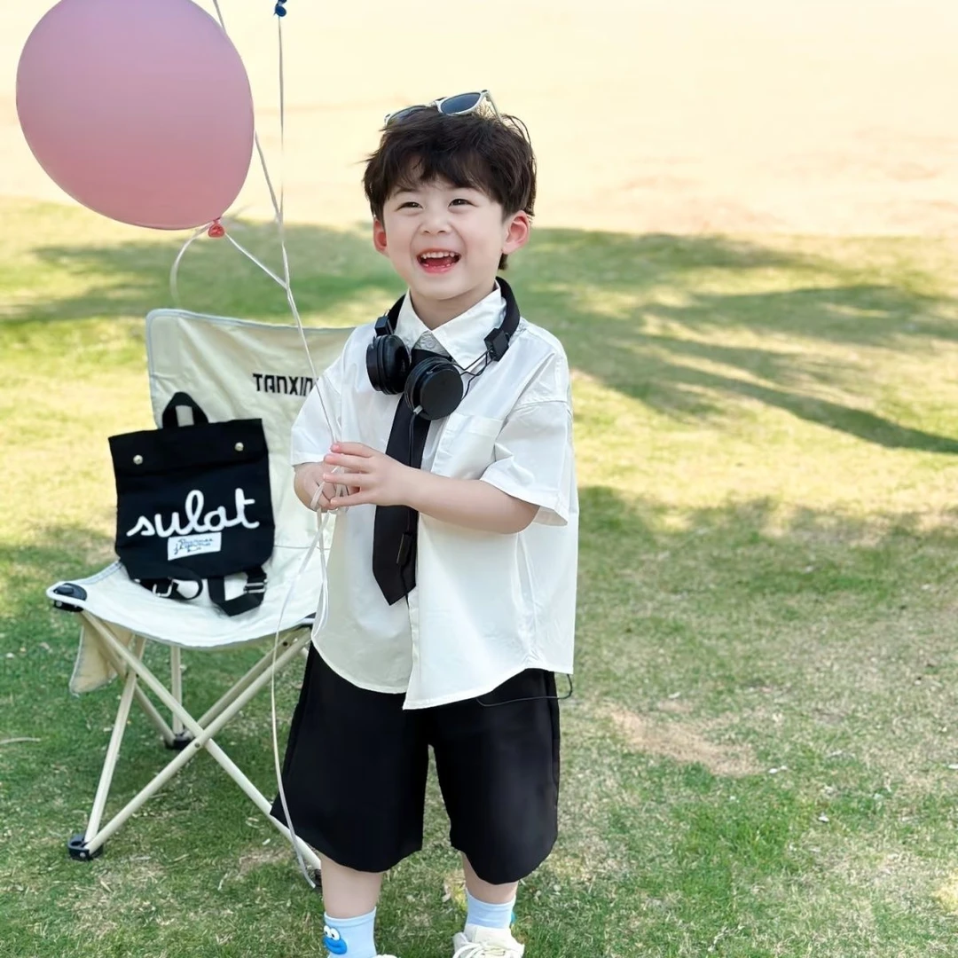 帅气衬衫领带裤子儿童韩版校园潮酷男孩两件套袖服学院风夏装 XT