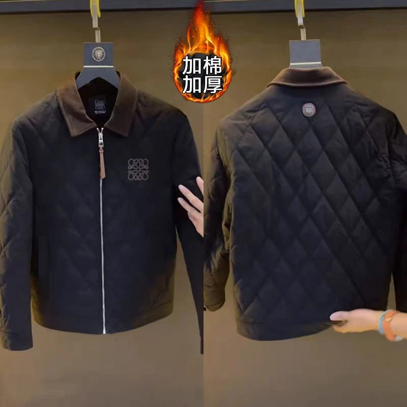 欧洲奢潮设计款时尚高端翻领棉服男士秋冬新款保暖菱形格棉衣外套