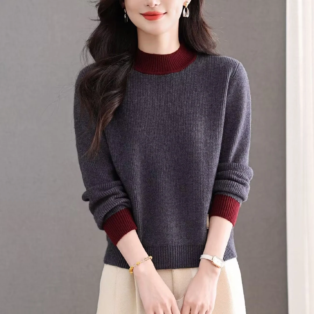 秋冬款女士加厚毛衣宽松半高领洋气打底衫拼色针织上衣短款针织衫