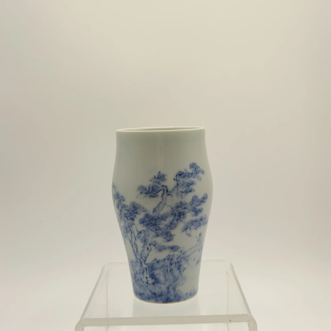 满容150毫升青花微瑕（有料点）美人腰杯手绘山水画面茶杯陶瓷