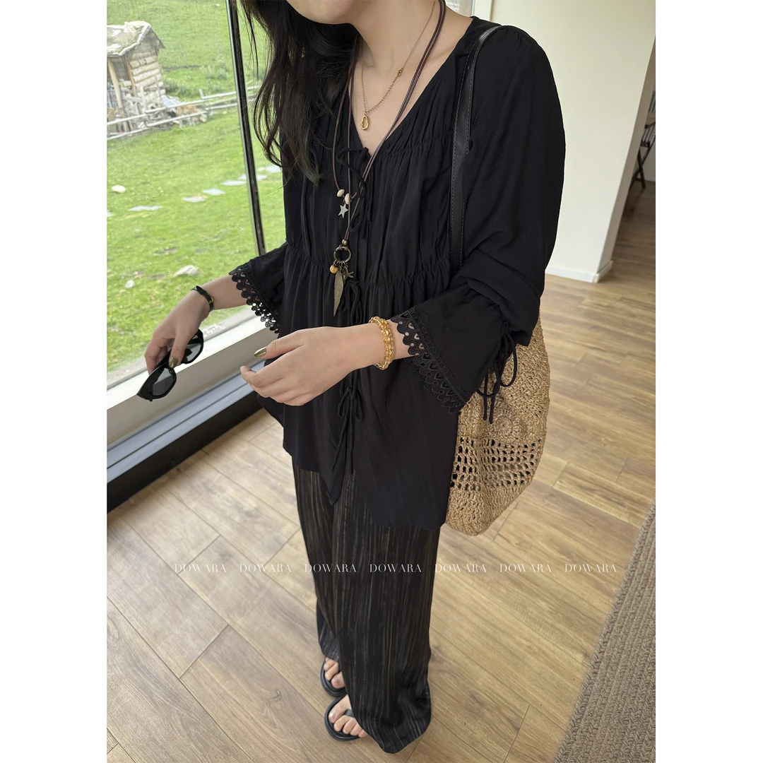 现货大婉酱微胖定制【夜阑余烬】蕾丝边拼接蝴蝶结系带V领衬衫8862D