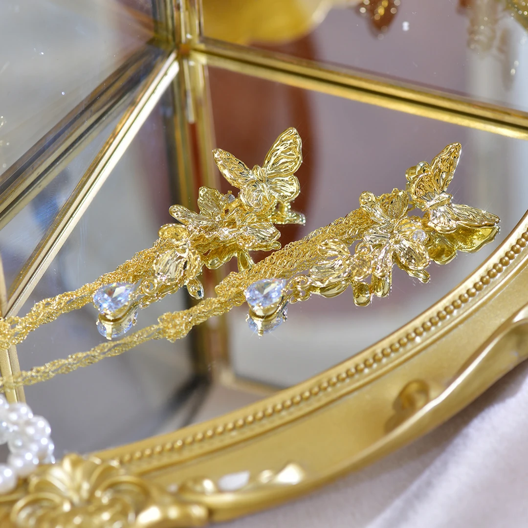 合金锆石耳饰 一款两戴轻奢高级蝴蝶花朵水滴流苏长款冷淡耳环饰