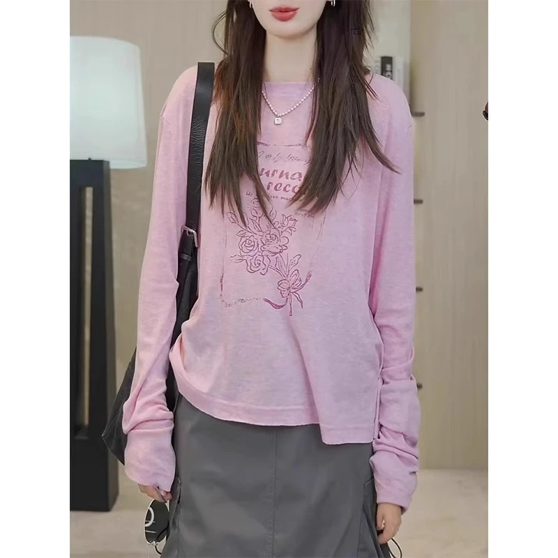 粉色印花长袖防晒t恤女夏季2025薄款空调罩衫新款宽松显瘦上衣潮
