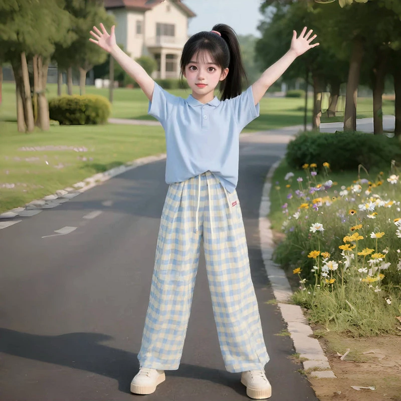 女童夏套装韩系儿童衣服2025新款polo短袖格子阔腿裤运动两件套潮
