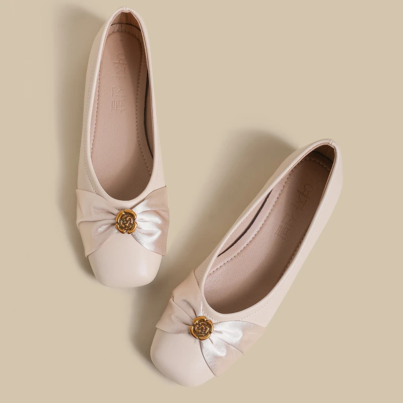 新款5043-50杏L区1山茶花潮流百搭平底春秋单鞋舒适浅口软底方头